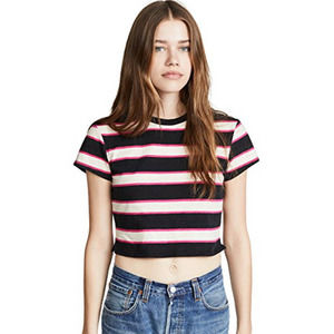 PAM & GELA Striped Crop Tee In Black Pink Cream Stripe Size Medium